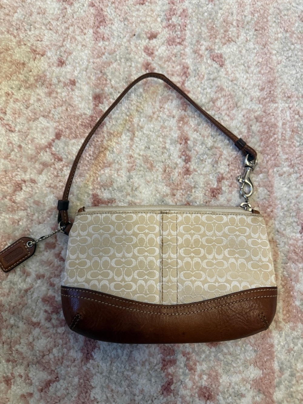 Coach Signature With Brown Leather Trim Wristlet Authentic